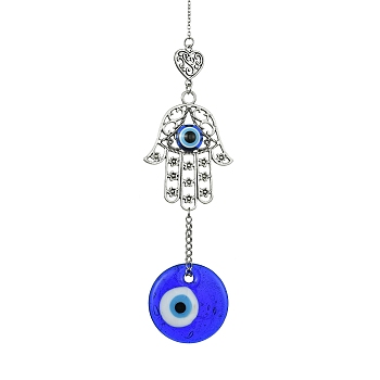 Blue Flat Round with Evil Eye Lampwork Pendant Decorations, Alloy Hamsa Hand/Heart Link Hanging Ornaments, Antique Silver & Platinum, 180x34.5x6mm
