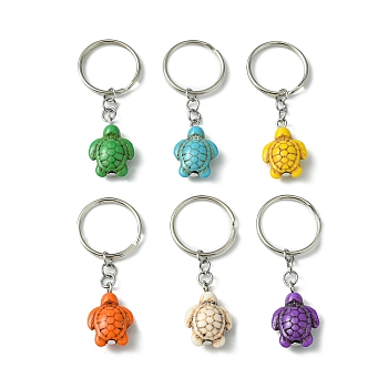 Dyed Synthetic Turquoise Sea Turtle Pendant Keychain, with Iron Split Key Rings, Mixed Color, 4.9cm