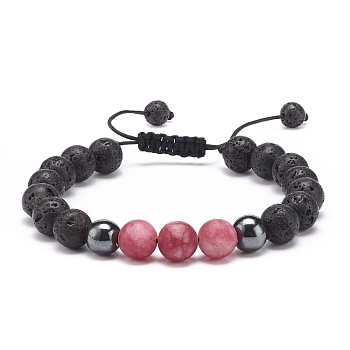 Indian Red Natural White Jade(Dyed) & Lava Rock & Synthetic Hematite Round Braided Bead Bracelet, Essential Oil Gemstone Jewelry for Women, Inner Diameter: 2~3 inch(5~7.6cm)