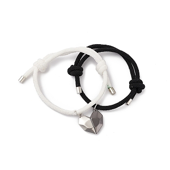 2Pcs 2 Color Magnet Alloy Matching Heart Charm Bracelets Set, Adjustable Couple Bracelets for Best Friends Lovers, White, Inner Diameter: 1-1/2~3 inch(3.7~7.6cm), 1Pc/color