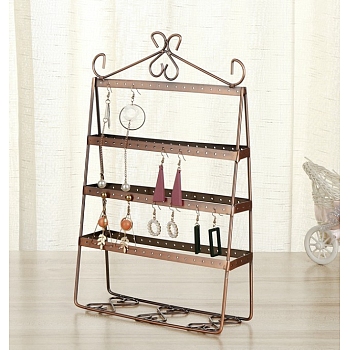 4-Tier Iron Earring Display Stands, Rectangle Jewelry Earring Organizer Holder, Red Copper, 20.5x7x32cm
