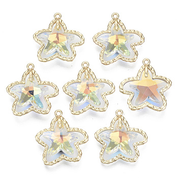 Glass Rhinestone Pendants, with Light Gold Plated Brass Open Back Settings, Starfish, Crystal AB, 25x24x7mm, Hole: 1.6mm