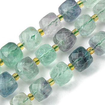 Natural Fluorite Beads Strands, with Seed Beads, Faceted Cube, 8~9x8~9x8~9mm, Hole: 0.9~1mm, about 35~39pcs/strand, 14.80''~15.16''(37.6~38.5cm)