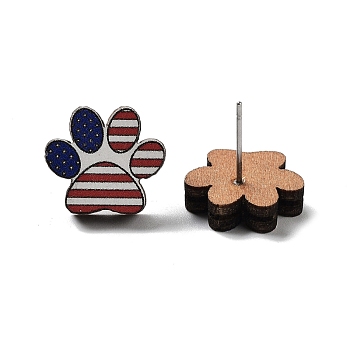Independence Day Wood Stud Earrings, with 304 Stainless Steel Pins, Paw Print, 13x14.5mm