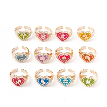 Twelve Constellations Enamel Open Cuff Rings, Light Gold Plated Alloy Heart Rings for Women, Mixed Color, US Size 6(16.5mm)