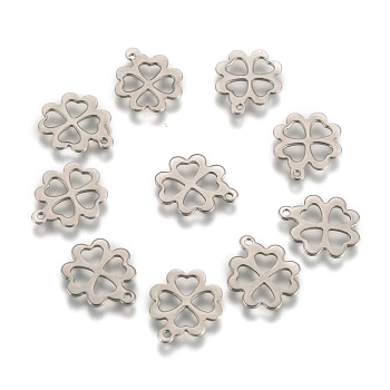 304 Stainless Steel Clover Charms Pendants, Stainless Steel Color, 15x13x1mm, Hole: 1mm