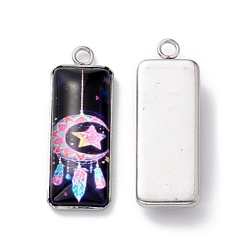 Bohemian Style Glass Pendants, with 201 Stainless Steel Finding, Rectangle with Woven Net/Web with Feather Pattern, Stainless Steel Color, Hot Pink, 30x11x5mm, Hole: 2mm