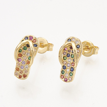 Brass Cubic Zirconia Stud Earrings, with Ear Nuts, Flip Flops, Colorful, Golden, 12x6mm, Pin: 0.7mm