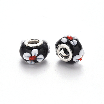 Handmade Lampwork European Beads, Large Hole Rondelle Beads, Rondelle with Flower, Bumpy Lampwork, with Platinum Tone Brass Double Cores, Black, 15~16x9~10mm, Hole: 5mm