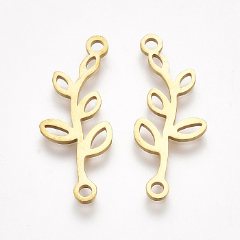 201 Stainless Steel Links connectors, Laser Cut Links, Branch with Leaf, Golden, 25x10x1mm, Hole: 1.5mm