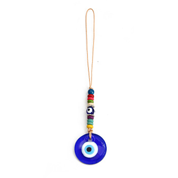 Flat Round with Evil Eye Glass Pendant Decorations, with Random Color Wooden Beads, Polyester Braided Hanging Ornament, Royal Blue, 155mm