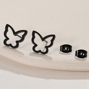 304 Stainless Steel Stud Earrings with 316 Surgical Stainless Steel Pins, Hollow Butterfly, Black, 11x13mm