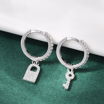 Lock & Key 925 Sterling Silver Micro Pave Clear Cubic Zirconia Hoop Earrings for Women, Left and Right, Platinum, 19x4.5mm & 18x2mm