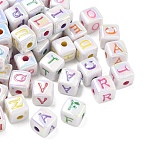Plating Opaque Acrylic Beads, Craft Beads, Iridescent, Cube with Letter, Mixed Color, 12x11x11mm, Hole: 3.5mm(AC-CBA529B-02)