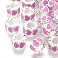Alloy Enamel European Beads, Large Hole Beads, Column, Silver Color Plated, Hot Pink, 10x6mm, Hole: 5mm(MPDL-R011-06)