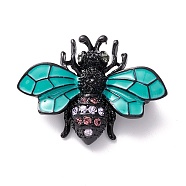 Bees Enamel Pin, Insect Alloy Rhinestone Brooch for Women Girl, Electrophoresis Black, Dark Turquoise, 25x33.5x6mm, Pin: 0.7mm(JEWB-P012-01B)