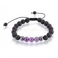 Natural Lava Rock and Non-Magnetic Synthetic Hematite Beads Braided Bead Bracelets, with Natural Amethyst, 2-1/8 inch~3 inch(5.3~7.8cm)(BJEW-JB03975-01)