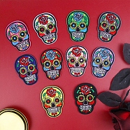 Sugar Skull Computerized Embroidery Style Cloth Iron on/Sew on Patches, Appliques, Badges, for Clothes, Dress, Hat, Jeans, DIY Decorations, for Mexico Day of the Dead, Mixed Color, 73x54mm, 10pcs/set(SKUL-PW0002-110)