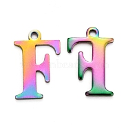 Ion Plating(IP) 304 Stainless Steel Alphabet Charms, Rainbow Color, Letter.F, 12x8x1mm, Hole: 1mm(STAS-H122-F-M)