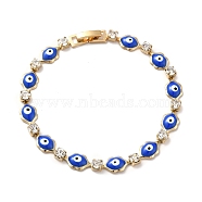 Rack Plating Iron Lip & Square Link Chains Bracelet, Enamel Evil Eye Bracelet with Clear Cubic Zirconia for Women, Golden, Blue, 7-7/8 inch(20cm)(BJEW-I300-07G)