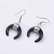 Natural Black Agate Dangle Earrings, with Platinum Plated Brass Findings, Dyed & Heated, Double Horn/Crescent Moon, 40mm, Pin: 0.6mm(EJEW-L189-C04)
