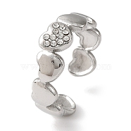 304 Stainless Steel Open Cuff Ring for Women, with Rhinestone, Heart, Stainless Steel Color, Adjustable(RJEW-F166-08P-01)