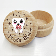 Round Beech Wooden 3D Engraved My First Tooth Box, with Acrylic Cabochon, for Baby Shower Birthday Party, 5x3.6cm(CON-WH0120-004)