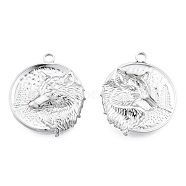201 Stainless Steel Pendants, Flat Round with Wolf, Stainless Steel Color, 30x25.5x3mm, Hole: 2.5mm(STAS-N098-267P)