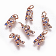 Brass Micro Pave Cubic Zirconia Charms, Letter, Colorful, Rose Gold, Letter.R, 9.6x5.3x1.8mm, Hole: 2~2.5mm(ZIRC-L070-38R-RG)