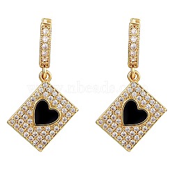 Clear Cubic Zirconia Hearts Card Poker Dangle Hoop Earrings, Brass Earrings with Enamel for Women, Golden, Black, 35mm, Pin: 0.9mm(EJEW-SW00011-07)