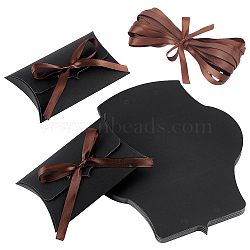 Folding Kraft Paper Pillow Boxes, Snack Package Boxes, with Polyester Ribbon, Black, 12.5x7.5x2.5cm(CON-WH0125-01A)