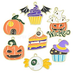 35Pcs 7 Styles Halloween Alloy Enamel Pendant, Pumpkin Jack-O'-Lantern & Candy & Bat with Cake, Orange, 16~28.5x17~30x1mm, Hole: 1.5mm, 5pcs/style(ENAM-CJ0003-98)