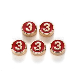 Alloy Enamel Beads, Flat Round, Number, Cadmium Free & Lead Free, Light Gold, Red, 8x3.5mm, Hole: 1.5mm(ENAM-R055-04-03-RS)