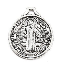 Alloy Pendant, Flat Round with Jesus, Antique Silver, 21x18x1.2mm, Hole: 2x3mm(PALLOY-H132-01AS)