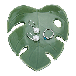 Porcelain Jewelry Tray, Leaf, Olive Drab, 140x125x23.5mm(AJEW-WH0752-291)