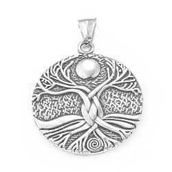 304 Stainless Steel Pendants, Flat Round with Tree of Life Pattern, Antique Silver, 42.5x37.5x3mm, Hole: 4x9mm(STAS-G303-40AS)