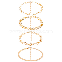 4Pcs 4 Style Alloy Curb & Cable & Paperclip & Herringbone Chain Bracelets Set for Men Women, Golden, 7-1/8~7-1/2 inch(18~19.1cm), 1Pc/style(BJEW-AN0001-13)