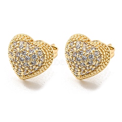 Brass with Clear Cubic Zirconia Stud Earrings, Heart, Light Gold, 12x12mm(EJEW-B035-06KCG)