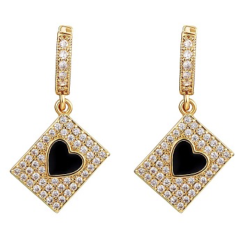 Clear Cubic Zirconia Hearts Card Poker Dangle Hoop Earrings, Brass Earrings with Enamel for Women, Golden, Black, 35mm, Pin: 0.9mm