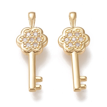 Brass Micro Pave Cubic Zirconia Pendants, Long-lasting Plated, Flower Key, Clear, Golden, 28.5x10.5x3mm, Hole: 4x2.5mm