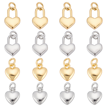 SUPERFINDINGS 16Pcs 4 Style Rack Plating Real 18K Gold Plated Brass Pendants, with Jump Rings, Long-Lasting Plated, Lead Free & Cadmium Free, Heart Lock, Real Gold Plated & Real Platinum Plated, 9.5~12.5x7.5~8.5x3.5mm, Jump Ring: 4.6x0.8mm, 3mm Inner Diameter, 4pcs/style