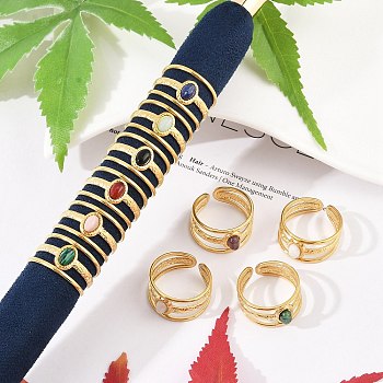 304 Stainless Steel Multi-layer Open Cuff Rings, Oval Natural Gemstone Ring for Women, Real 18K Gold Plated, Ion Plating(IP), 12mm, Adjustable