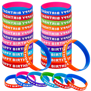 30Pcs 5 Colors Word HAPPY BIRTHDAY Silicone Cord Bracelets Set Wristband, Mixed Color, Inner Diameter: 2-1/2 inch(6.5cm), 6Pcs/color