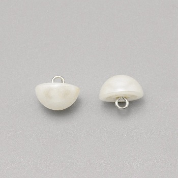 1-Hole Plastic Buttons, Imitation Pearl, with Brass Wire, Half Round, White, 13x10mm, Hole: 2.2mm