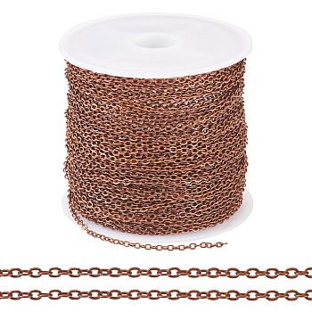 Brass Coated Iron Flat Cable Chains, Soldered, with Spool, Flat Oval, Red Copper, 2x1.5x0.3mm, about 32.81 Feet(10m)/Roll