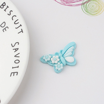Opaque Resin Decoden Cabochons, Butterfly with Flower, Light Sky Blue, 21x36mm