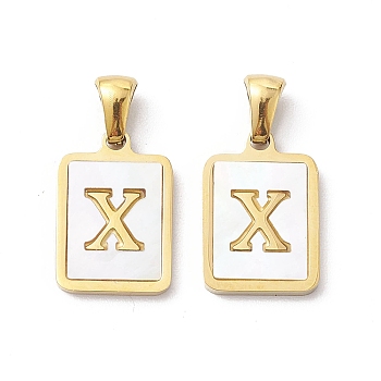 Ion Plating(IP) 304 Stainless Steel Pave Shell Pendants, Rectangle Charm, Real 18K Gold Plated, Letter X, 17.5x12x1.5mm, Hole: 3x5mm