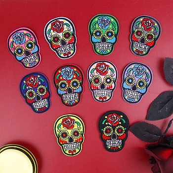 Sugar Skull Computerized Embroidery Style Cloth Iron on/Sew on Patches, Appliques, Badges, for Clothes, Dress, Hat, Jeans, DIY Decorations, for Mexico Day of the Dead, Mixed Color, 73x54mm, 10pcs/set