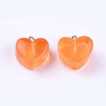Resin Pendants, Transparent, with Iron Findings, Heart, Platinum, Orange, 17x17x10.5mm, Hole: 1.8mm