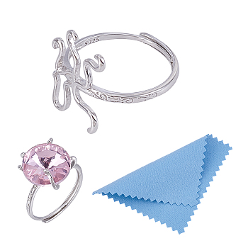 1Pc Adjustable 925 Sterling Silver Ring Findings, Twist Prong Ring Settings, with 1Pc Suede Fabric Square Silver Polishing Cloth, Platinum, Inner Diameter: 19mm